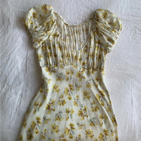 Doen Florencia Silk Short Puff Sleeve Midi Dress Yellow Gold Frolicking Floral